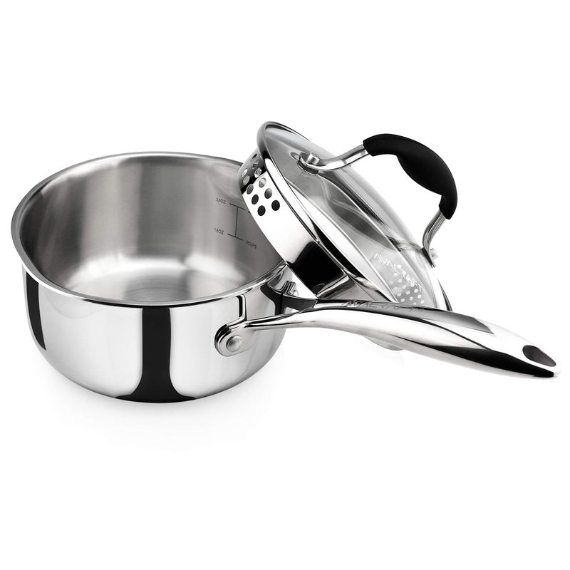 AVACRAFT Tri-Ply Stainless Steel Saucepan with Glass Strainer Lid, Two Side Spouts, Ergonomic Handle, Multipurpose Sauce Pan with Lid, Sauce Pot, Cooking Pot (Tri-Ply Full Body, 1.5 Quart) - Image 1